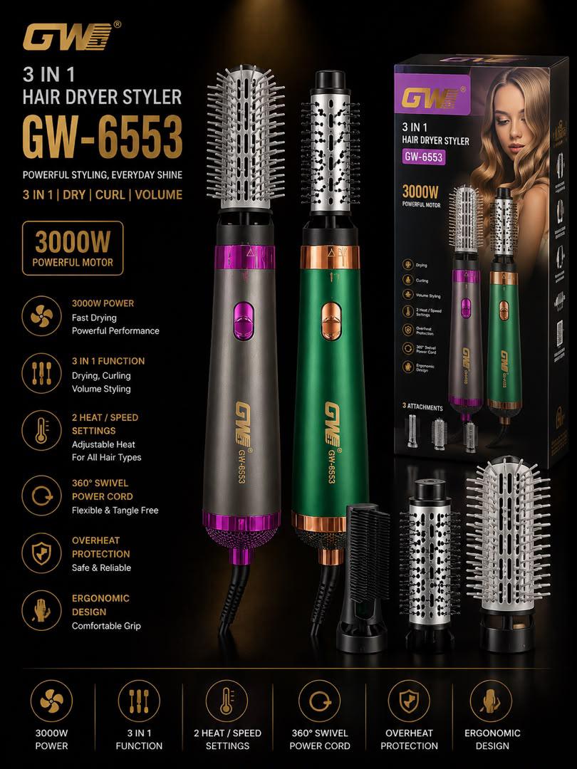 سشوار برس‌دار چرخشی جی دبلیو مدل GW-6553