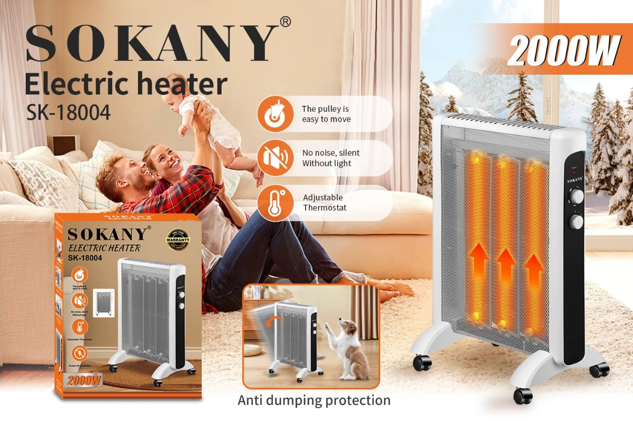 بخاری برقی SOKANY مدل SK-18004 توان 2000 وات با ترموستات قابل تنظیم و پایه چرخ‌دار