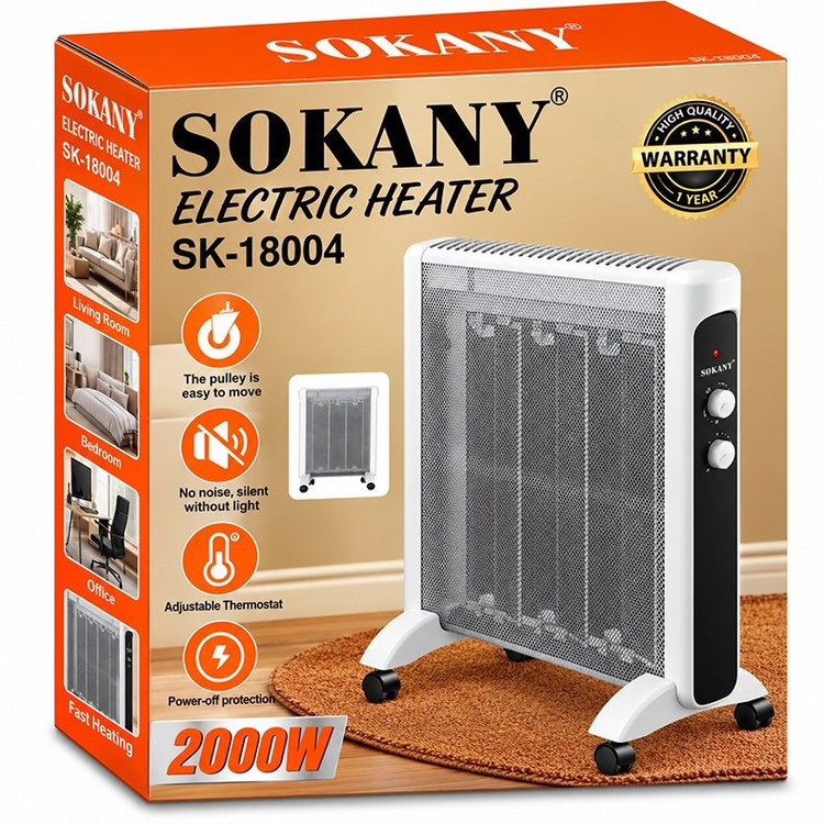 بخاری برقی SOKANY مدل SK-18004 توان 2000 وات با ترموستات قابل تنظیم و پایه چرخدار