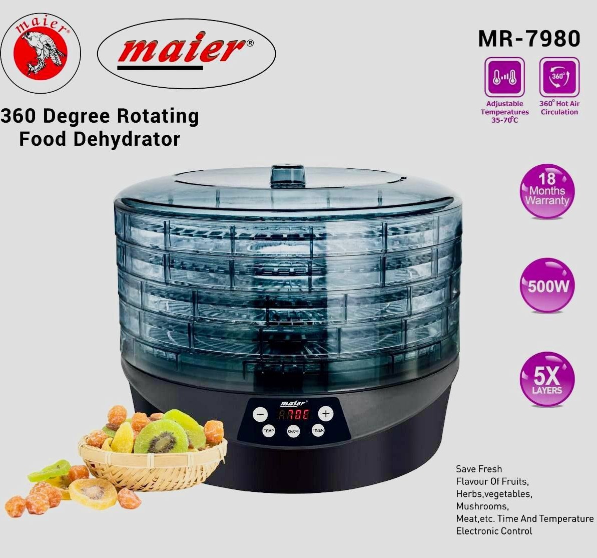 میوه خشک کن مایر مدل MR7980 چرخشی دیجیتال ۵ طبقه